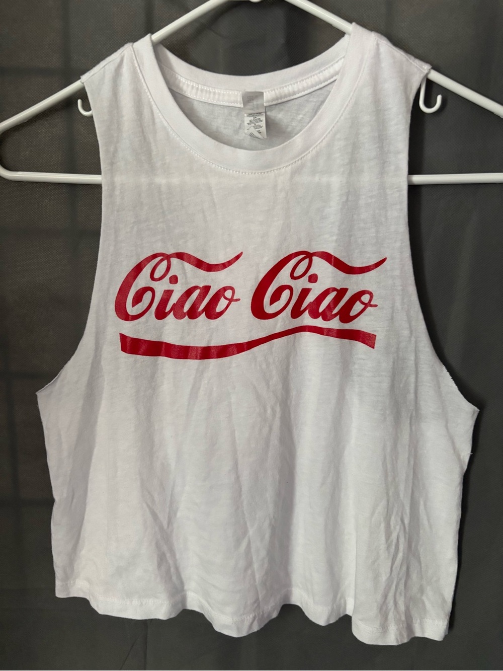 Ciao Ciao White Racer back tank top Size S raw edge, Bella+Canvas Cotton Blend